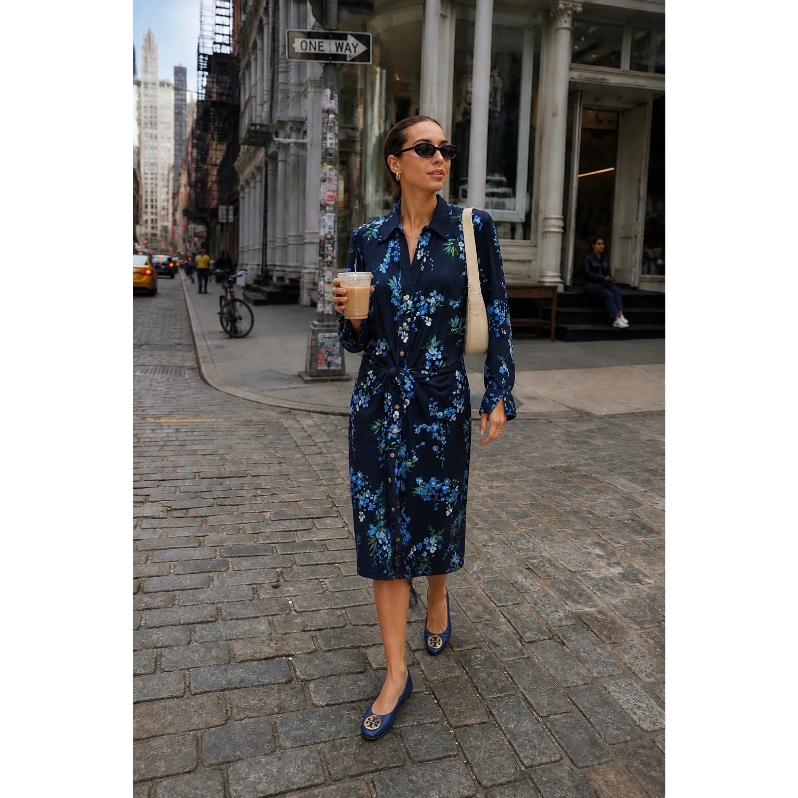Tahari Navy Blue Floral Midi Shirt Dress Tie Waist Ruched Chic Classic Sz 10